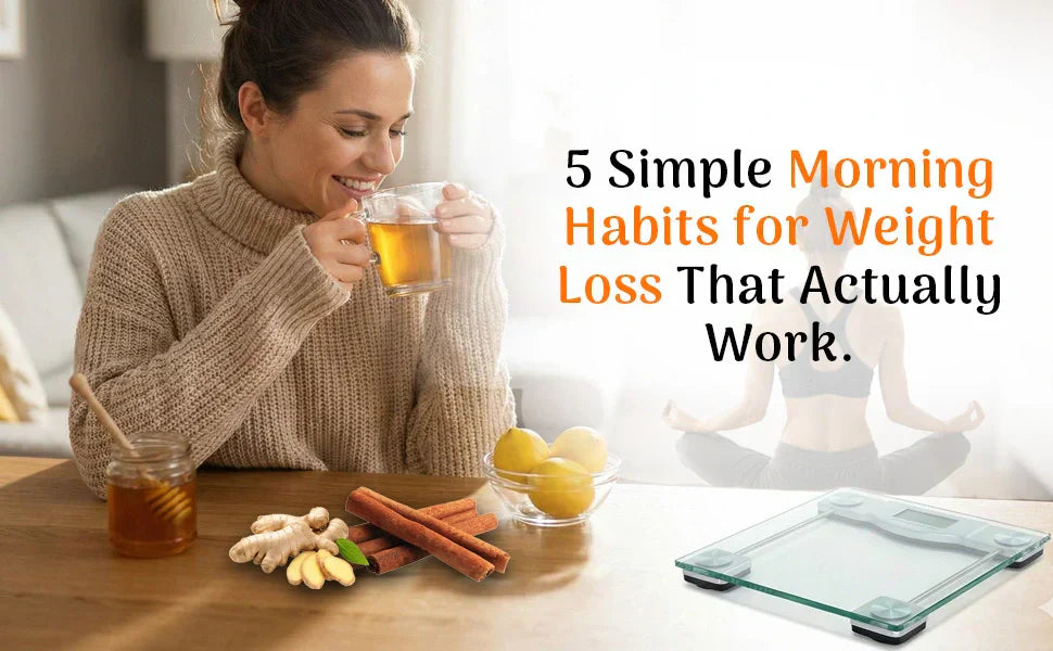 Woman drinking warm detox tea with honey, ginger, cinnamon, and lemon showing simple morning habits for weight loss