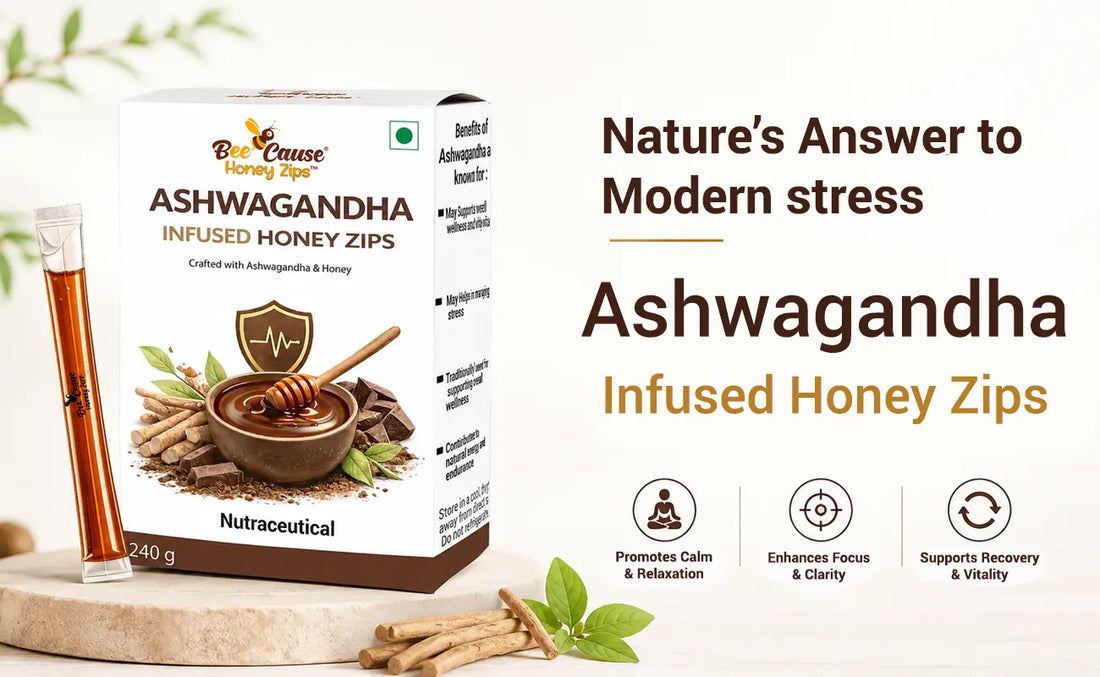BeeCause Ashwagandha Infused Honey Zips made with Ashwagandha and honey, designed to support stress management, relaxation, focus, recovery, and everyday wellness in a convenient single-serve format.