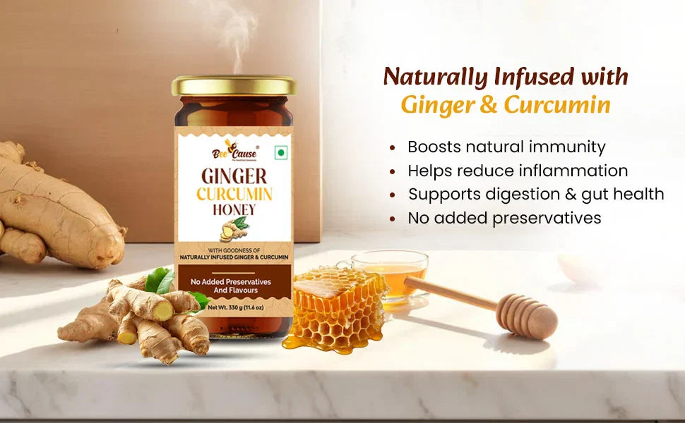 A jar of Ginger Curcumin Honey placed on a white surface with fresh ginger roots, a honeycomb, and a wooden honey dipper beside it, alongside text highlighting natural infusion with ginger and curcumin and benefits like immunity support and digestion.