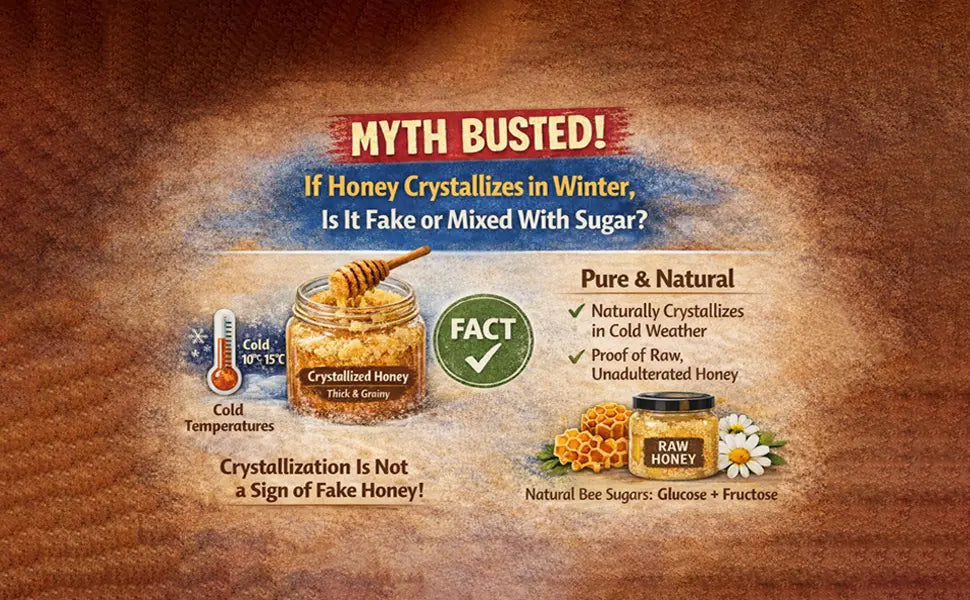 nfographic explaining why pure raw honey naturally crystallizes in cold winter temperatures, busting the myth that grainy honey is fake or mixed with sugar.