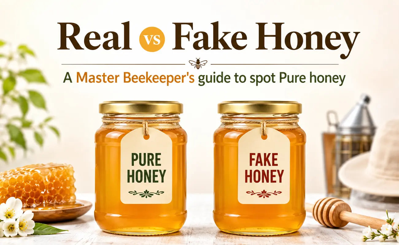 A close-up of a glass jar filled with naturally crystallized, golden raw honey alongside a wooden honey dipper, showcasing a rich and creamy texture.