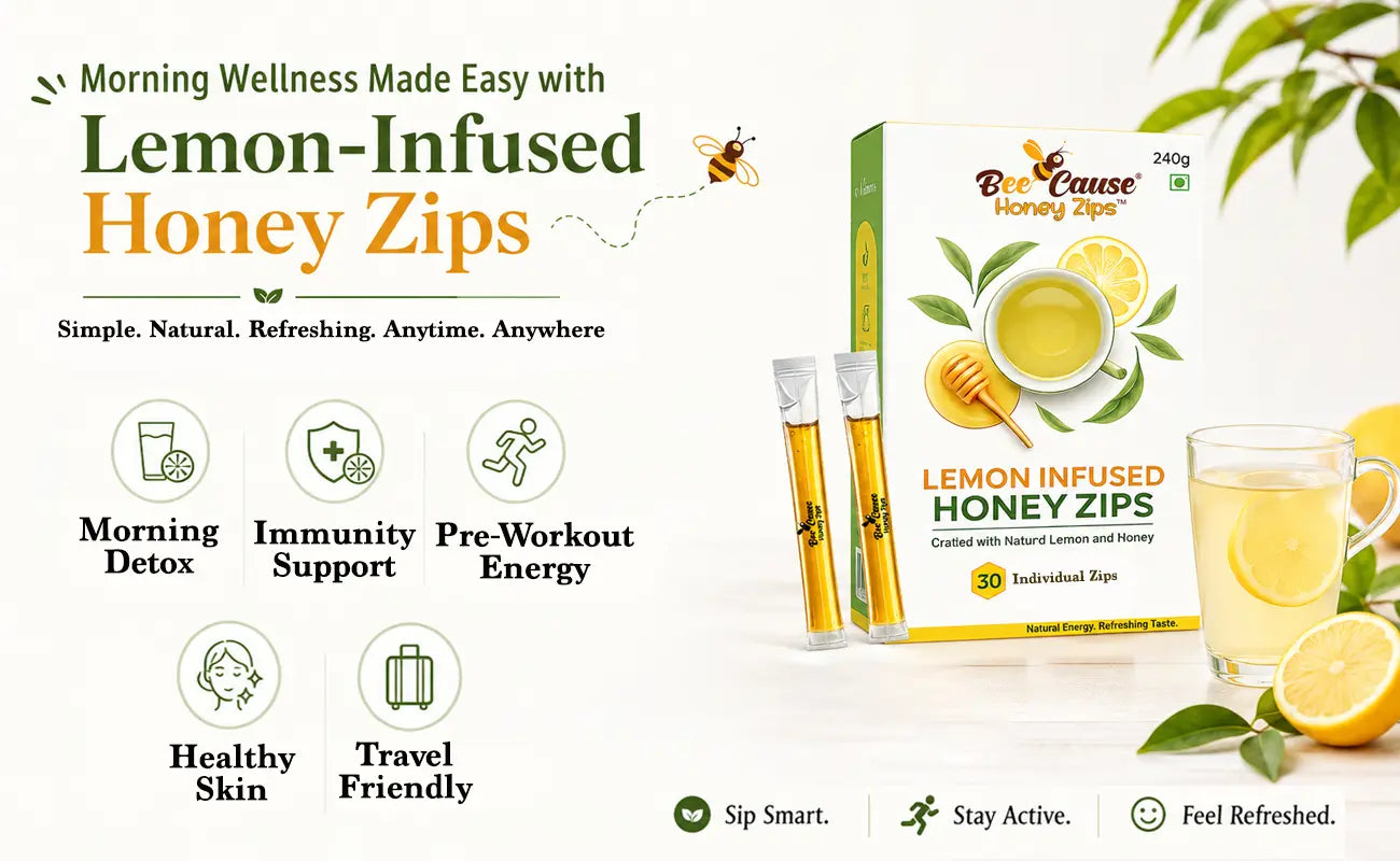 BeeCause Lemon-Infused Honey Zips product advertisement detailing benefits like morning detox, immunity support, and pre-workout energy alongside the product packaging and a glass of lemon tea.