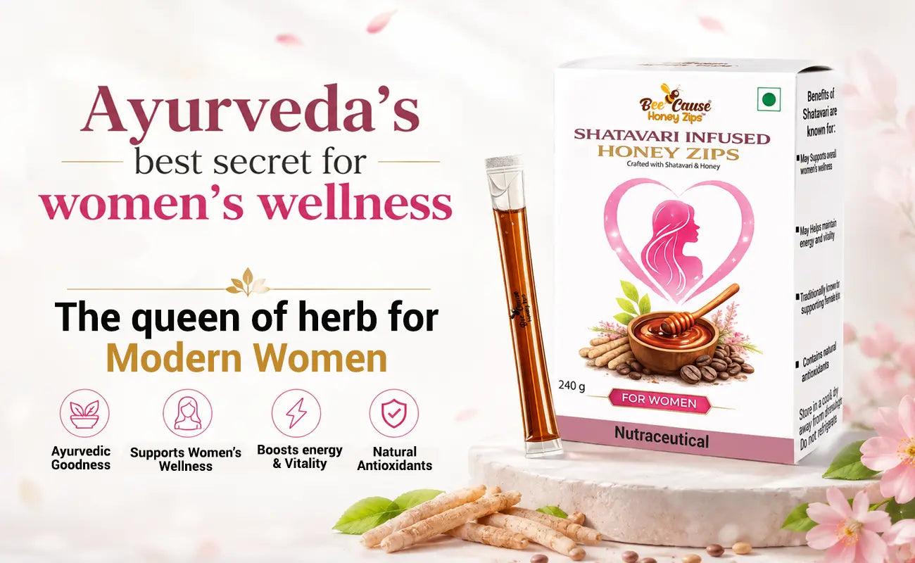 BeeCause Shatavari Infused Honey Zips packaging displayed alongside a honey zip sachet and Shatavari roots, highlighting Ayurvedic wellness for women with benefits including vitality, antioxidants, and daily wellness support.