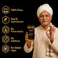 Man holding a jar of honey with product features listed on a black background
