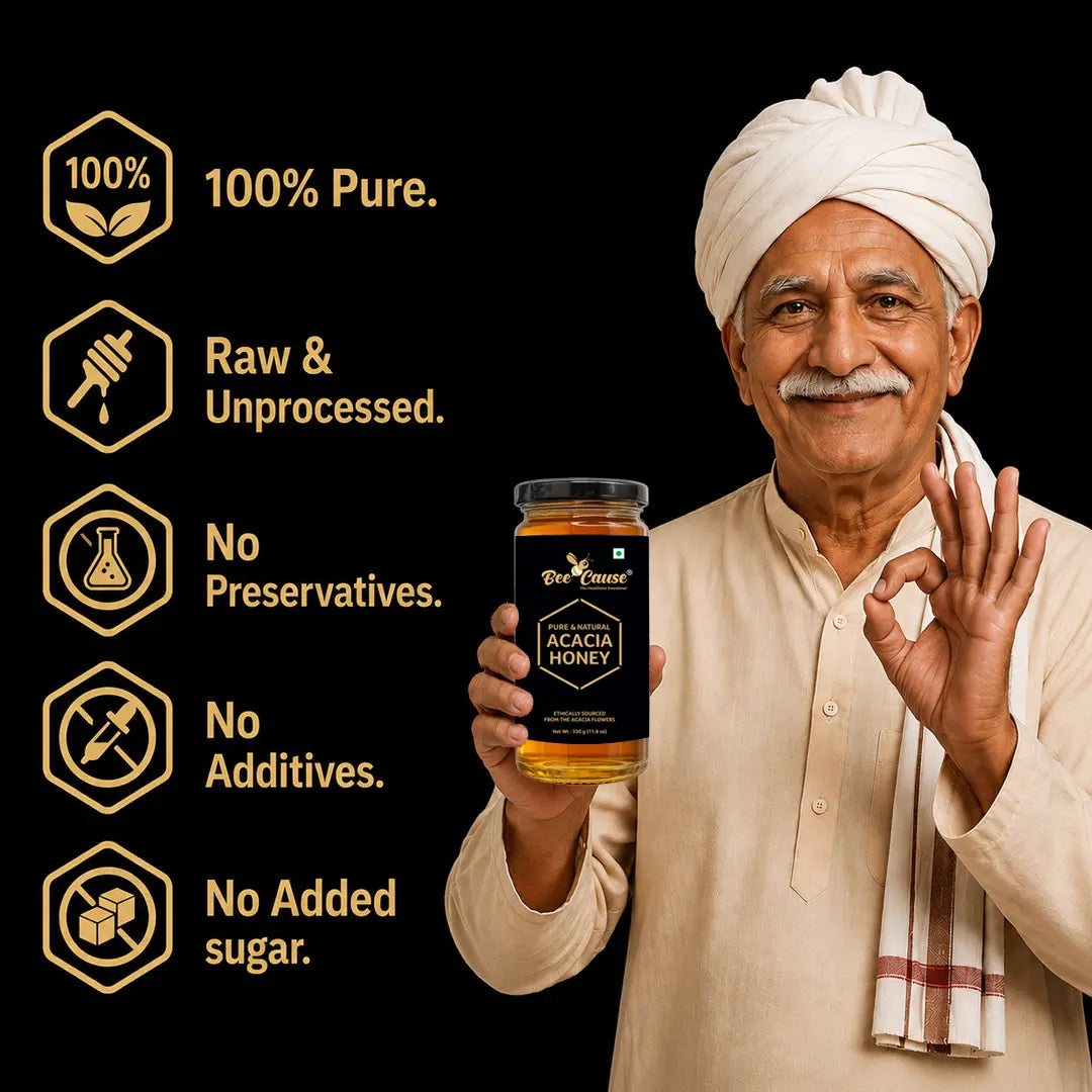 Man holding a jar of honey with product features listed on a black background