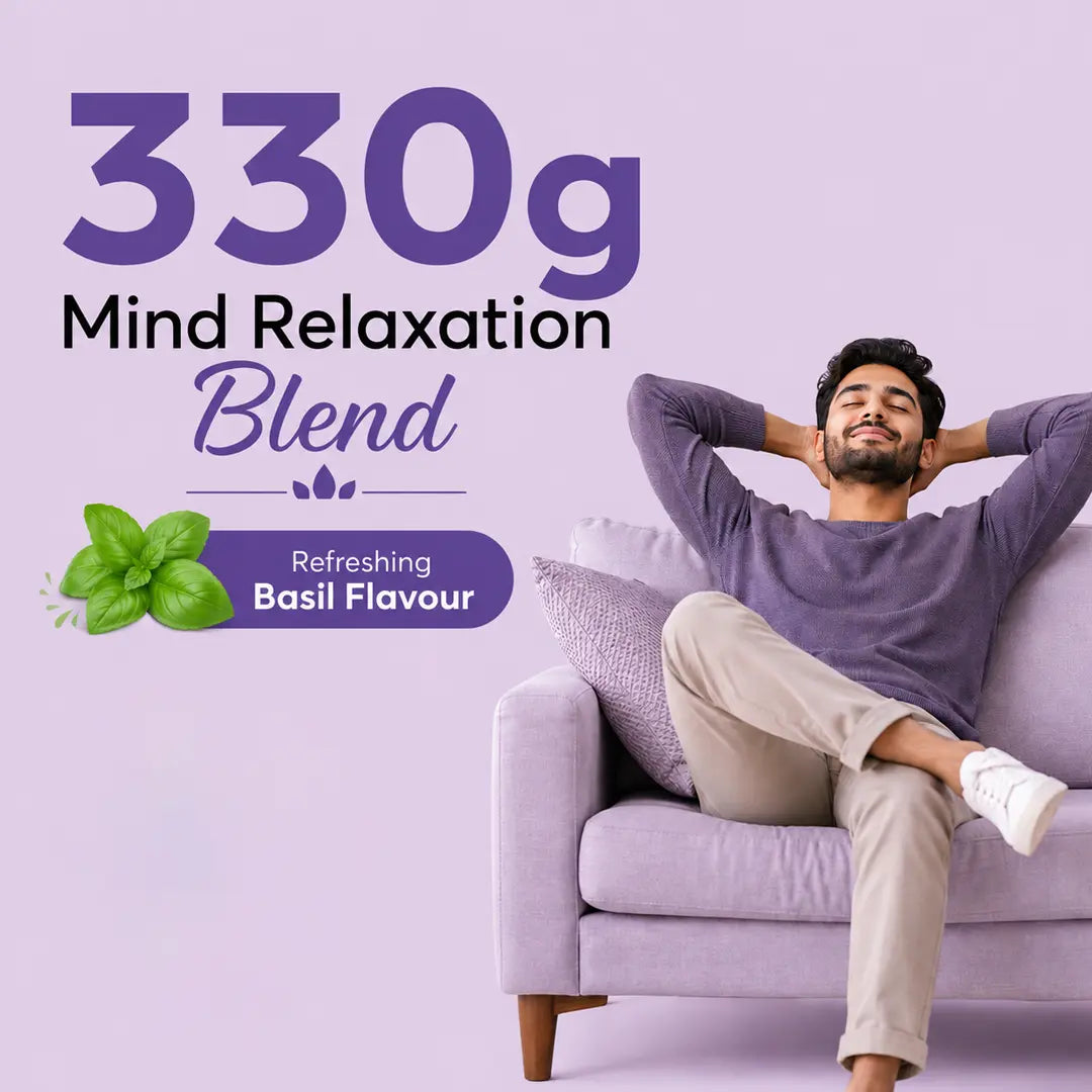 Man relaxing on a couch with '330g Mind Relaxation Blend' text and basil flavor label on a purple background