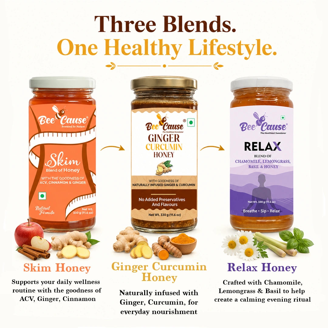Three jars of Bee Cause honey arranged on a light beige background with text labels: Skim Honey in orange, Ginger Curumin Honey in brown, and Relax Honey in purple. The image includes ingredient illustrations and promotional text for each blend.