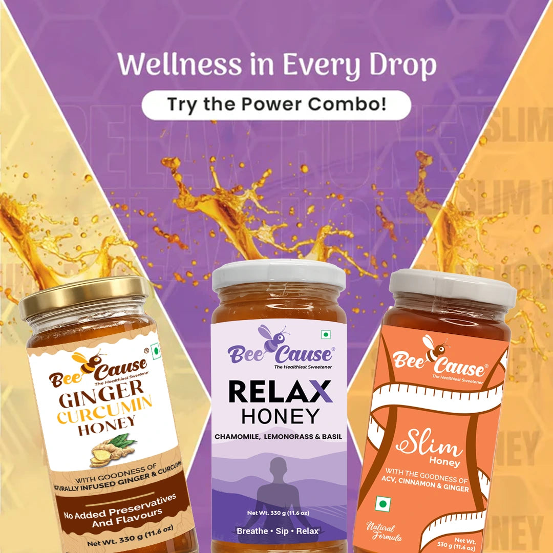 A promotional graphic titled Wellness in Every Drop, showcasing jars of BeeCause Ginger Curcumin, Relax, and Slim Honey against a dynamic background of splashing golden honey.