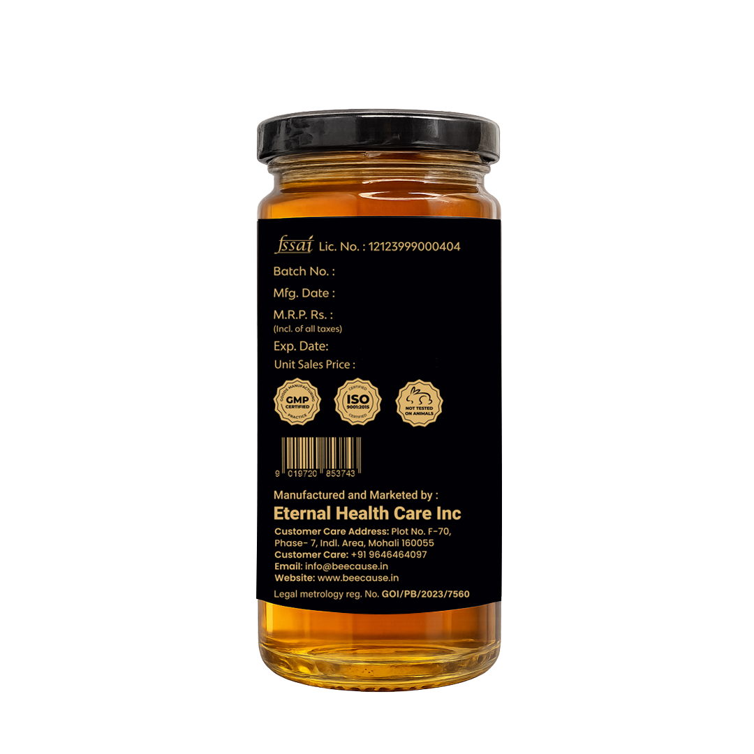 BeeCause Raw Acacia Honey in a glass jar with golden honey, premium black label, and quality certification details