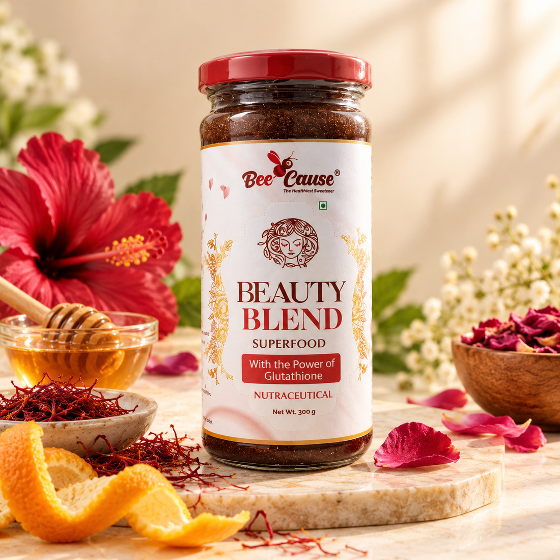 BeeCause Beauty Blend 300g with Glutathione, Acacia Honey, Saffron, Hibiscus and Rose Petals