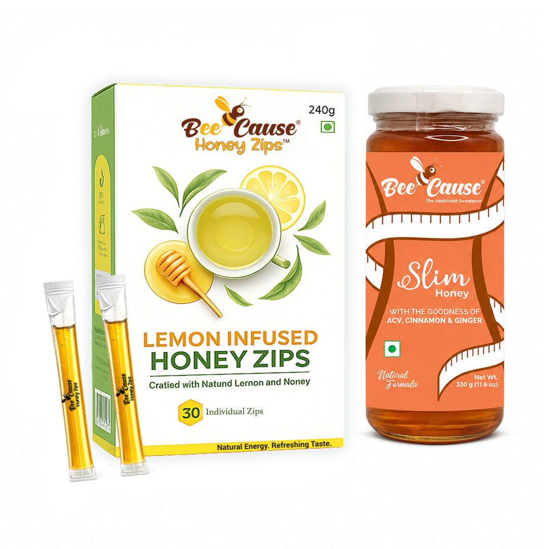 Bee Cause honey zips and slim honey packaging on a white background