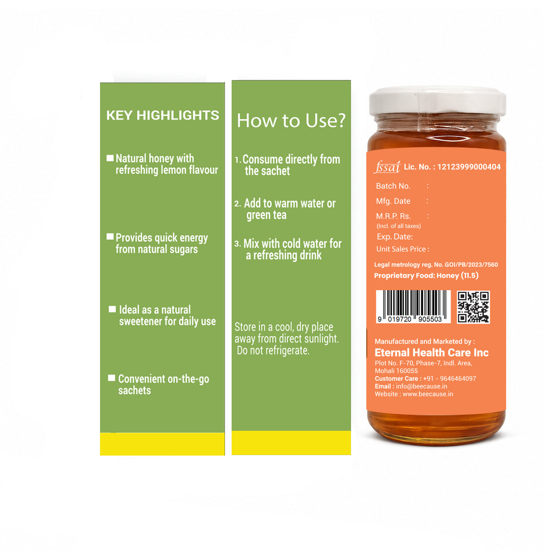 Honey jar with label and green highlighter card on a white background