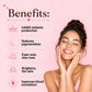 Woman with glowing skin against a pink background with text about skin benefits