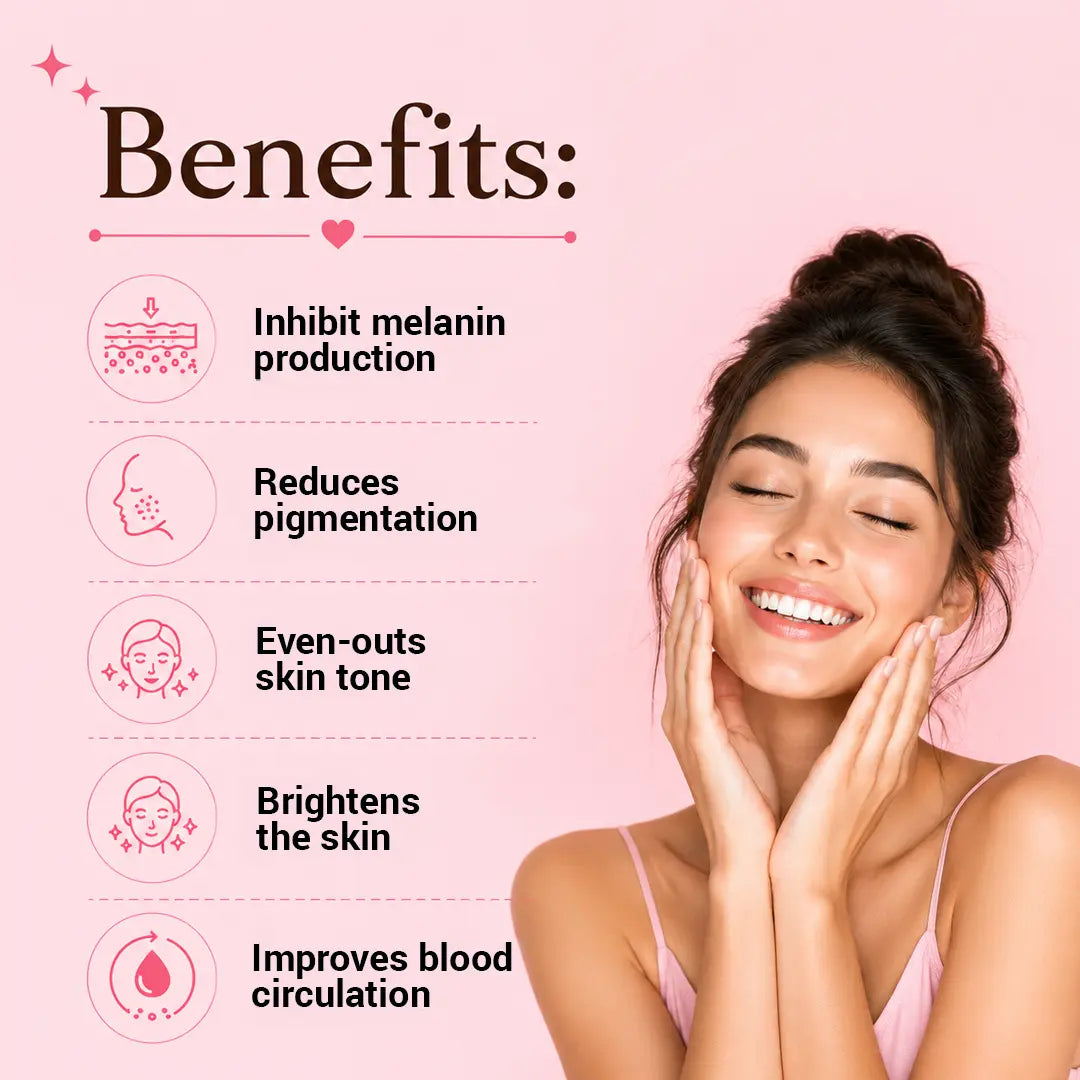 Woman with glowing skin against a pink background with text about skin benefits