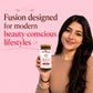 Woman holding a jar of 'Beauty Blend' with text about modern beauty-conscious lifestyles on a pink background