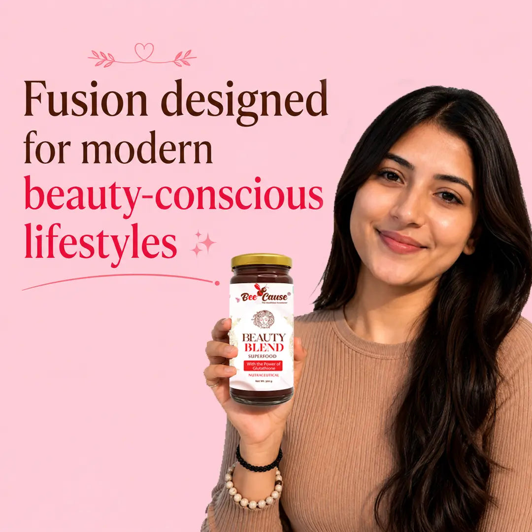 Woman holding a jar of 'Beauty Blend' with text about modern beauty-conscious lifestyles on a pink background