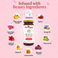Bottle of 'Beauty Blend Superfood' with listed beauty ingredients on a pink background