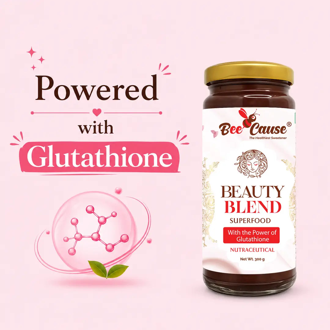 Bee Cause Beauty Blend superfood jar with glutathione on a pink background