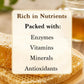 A close-up promotional graphic of fresh honeycomb on a wooden plate, overlaid with a cream banner that reads "Rich in Nutrients, Packed with: Enzymes, Vitamins, Minerals, Antioxidants."