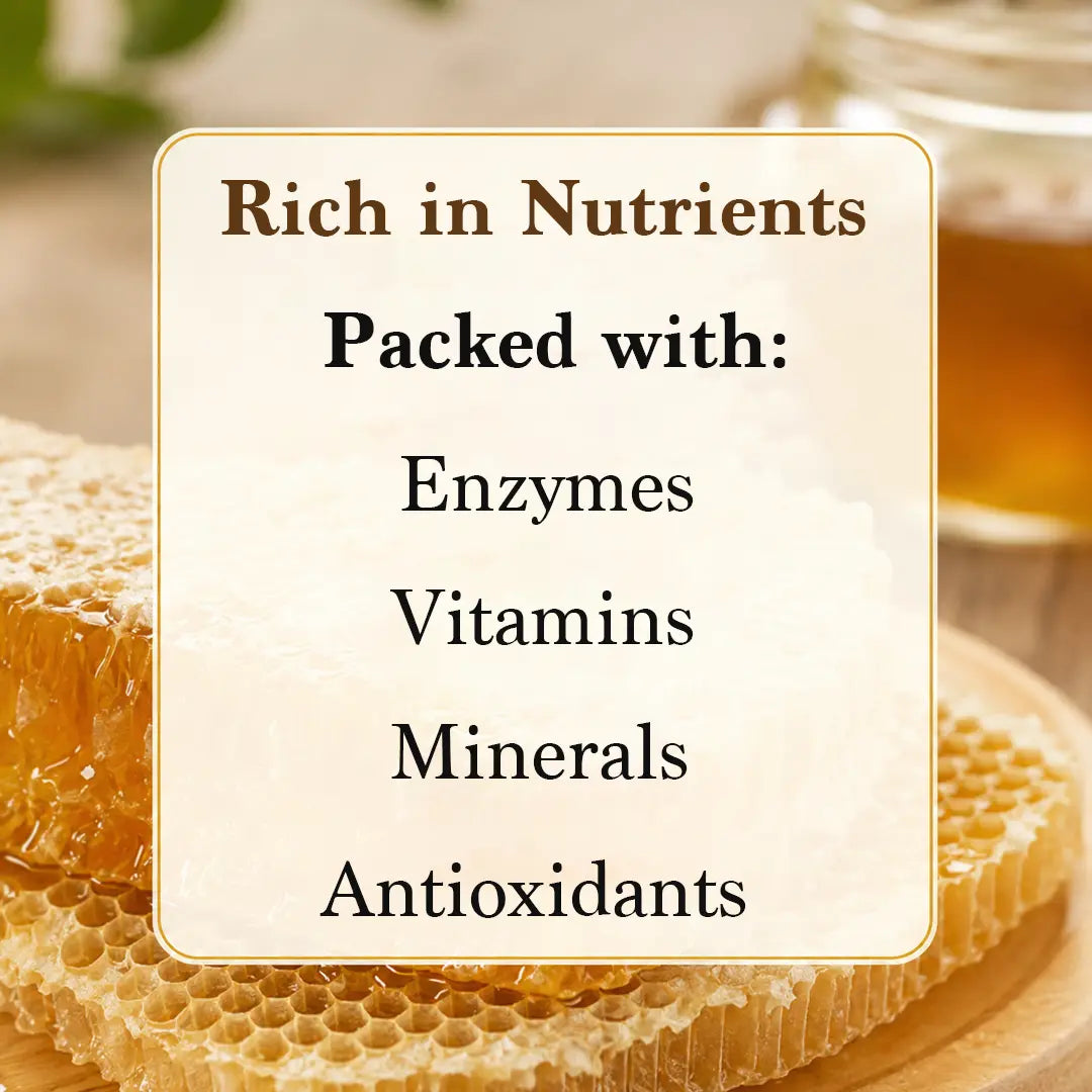 A close-up promotional graphic of fresh honeycomb on a wooden plate, overlaid with a cream banner that reads "Rich in Nutrients, Packed with: Enzymes, Vitamins, Minerals, Antioxidants."