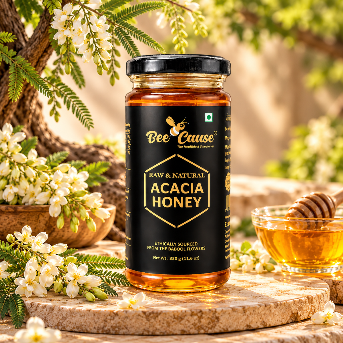 BeeCause Acacia Honey 330g jar with babool tree flowers and golden honey in a natural outdoor setting
