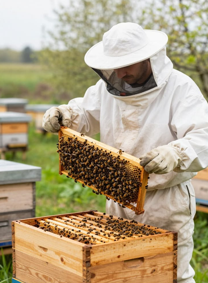 A beekeeper inspecting a honeycomb frame with honeybees in a natural apiary