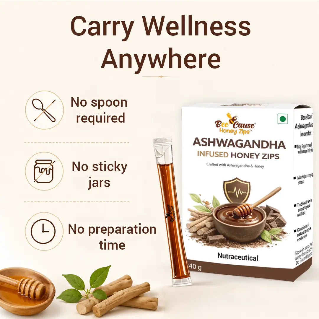 Bee Cause Ashwagandha Infused Honey Zips packaging with honey stick and leaves on a beige background.