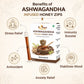 Bee Cause Ashwagandha Infused Honey Zips packaging with health benefits listed on a beige background