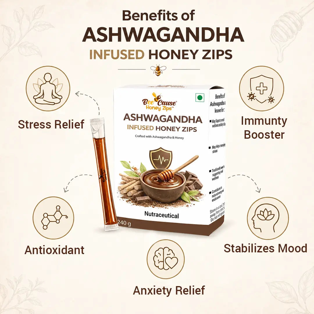 Bee Cause Ashwagandha Infused Honey Zips packaging with health benefits listed on a beige background
