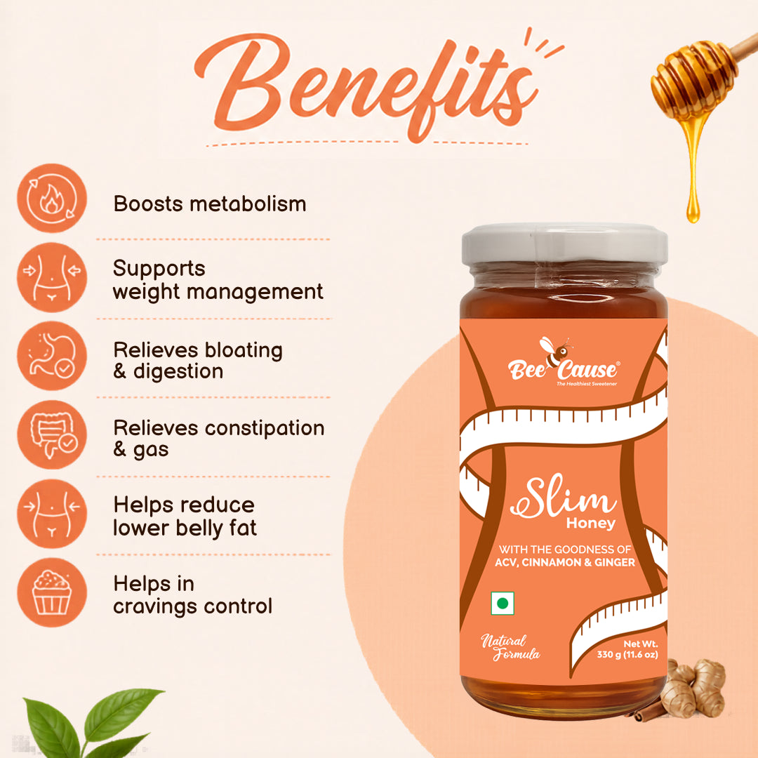 Jar of 'Bee Cause Slim Honey' with health benefits listed on a light background