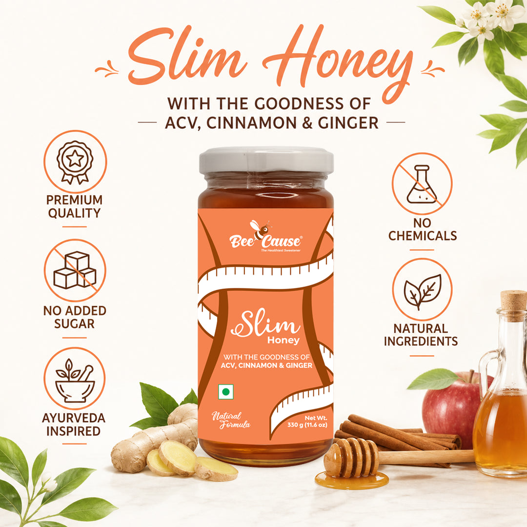 Bee Cause Slim Honey jar with health benefits on a white background