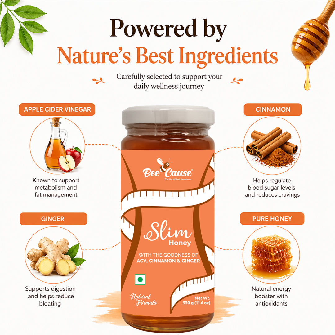 Bee Cause Slim Honey jar with ingredients like apple cider vinegar, cinnamon, ginger, and pure honey on a white background.