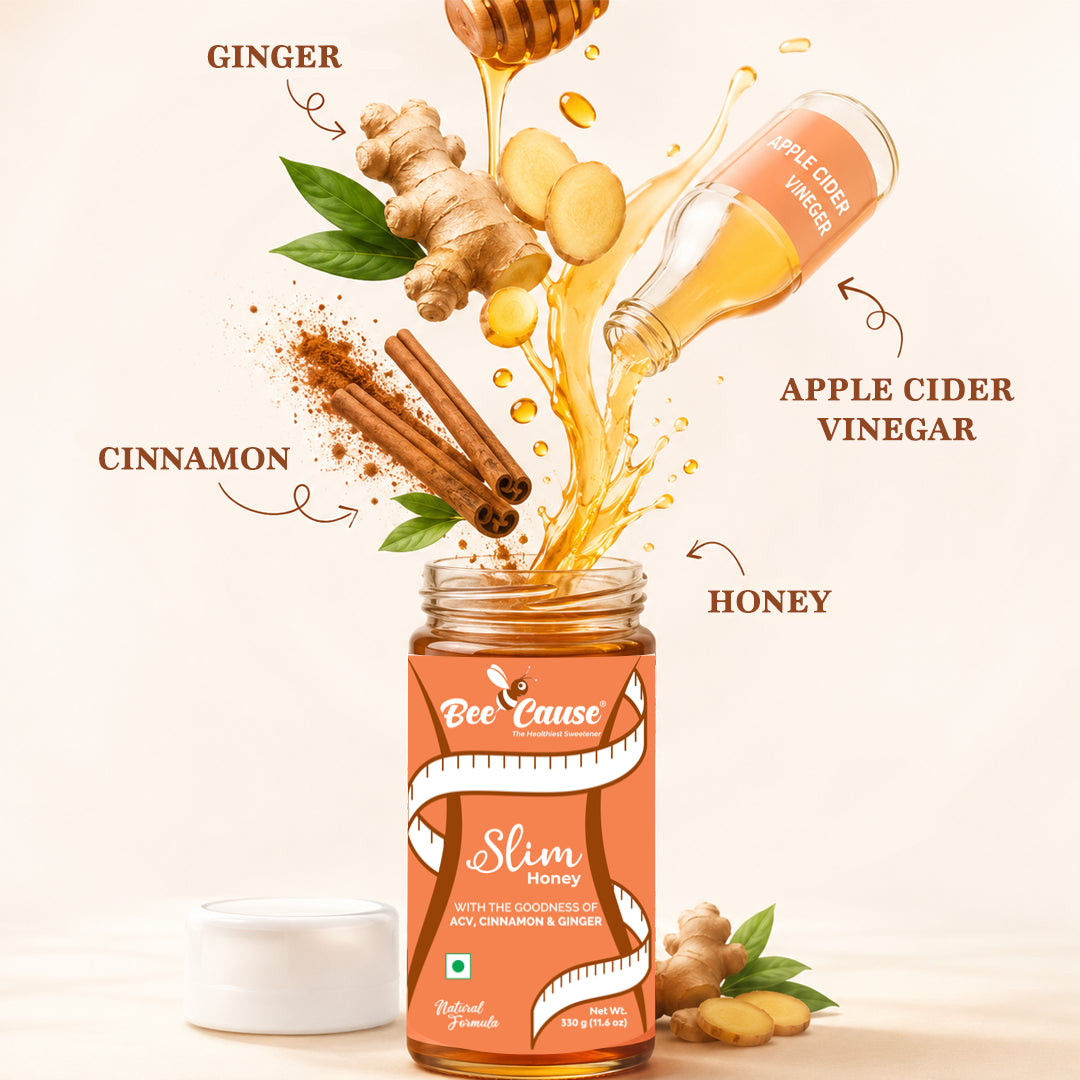 Bee Cause Slim Honey jar with ingredients like ginger, cinnamon, and apple cider vinegar on a beige background.