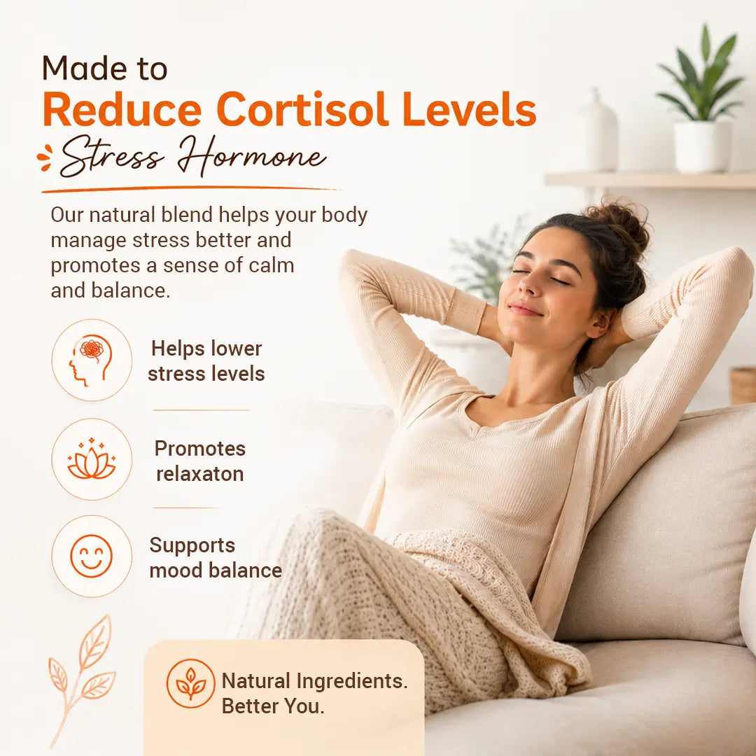Woman relaxing on a couch with text about reducing cortisol levels and promoting relaxation.