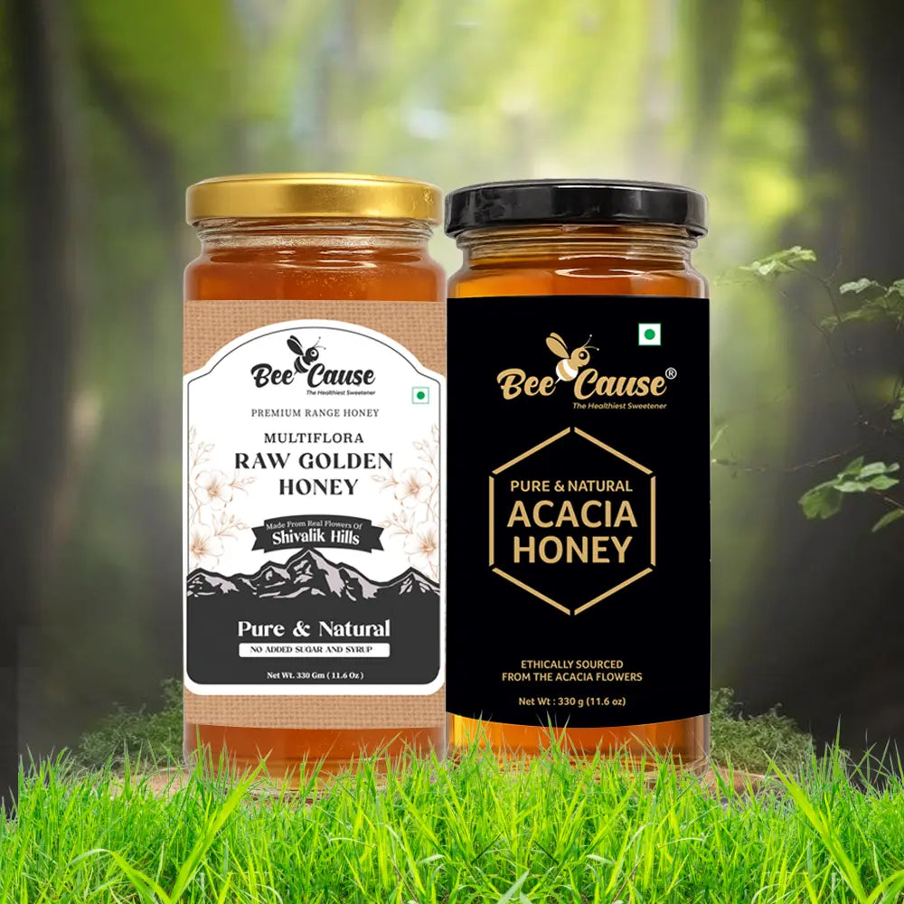 Two jars of Bee Cause premium honey displayed in a woodland setting. The left jar is Multiflora Raw Golden Honey sourced from Shivalik Hills, and the right jar is Pure & Natural Acacia Honey.