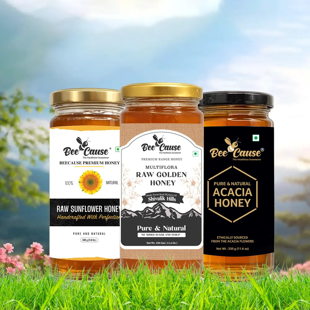 Three jars of Bee Cause premium honey lined up in a grassy field with mountains in the background. From left to right: Raw Sunflower Honey, Multiflora Raw Golden Honey, and Pure & Natural Acacia Honey.