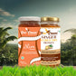 Two jars of Bee Cause brand honey shown in a lush, tropical outdoor setting. The left jar is Slim Honey formulated with ACV, Cinnamon, and Ginger, and the right jar is Ginger Curcumin Honey.