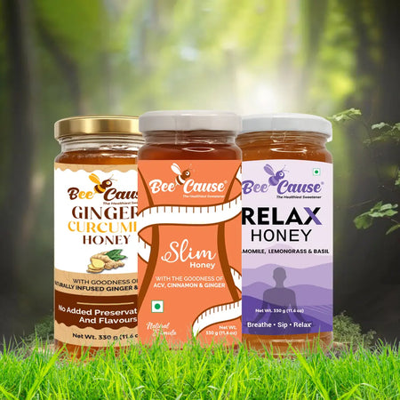 Three jars of Bee Cause brand honey displayed together in a blurred green forest setting. From left to right: Ginger Curcumin Honey, Slim Honey, and Relax Honey.