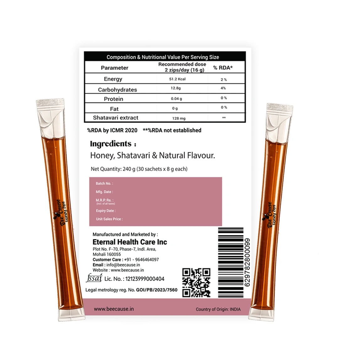 Nutritional value and ingredients label of BeeCause Shatavari Infused Honey Zips showing 128 mg Shatavari extract per serving with FSSAI licence information.