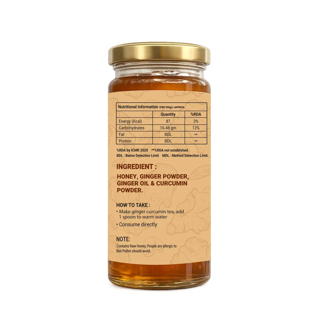 Glass jar with a gold lid containing a health supplement, showing nutritional information and ingredient list on a white background.
