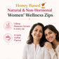 Natural honey-based women wellness zips infused with 128mg Shatavari extract in a tasty coffee flavor for hormonal support, featuring a smiling mother and daughter.