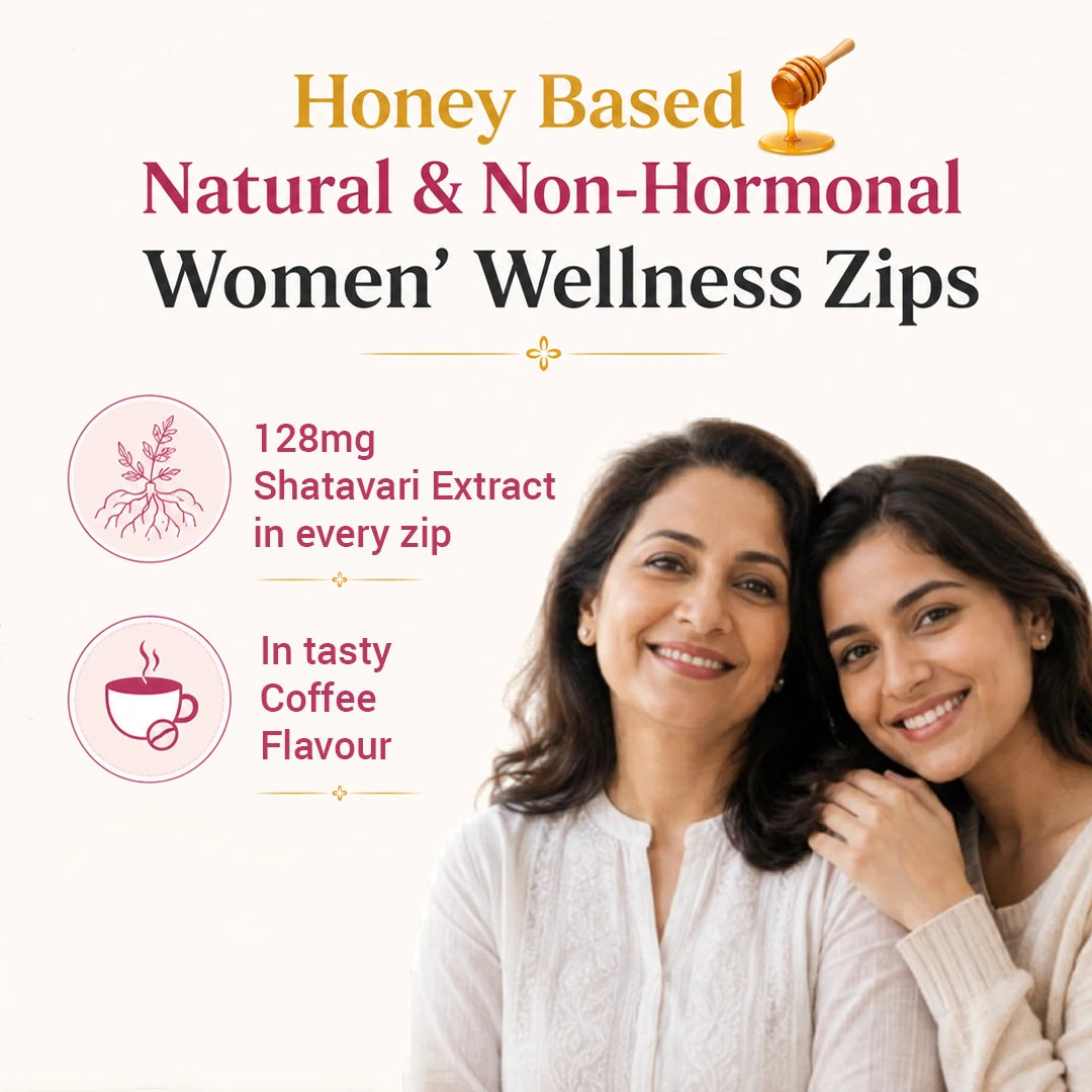 Natural honey-based women wellness zips infused with 128mg Shatavari extract in a tasty coffee flavor for hormonal support, featuring a smiling mother and daughter.