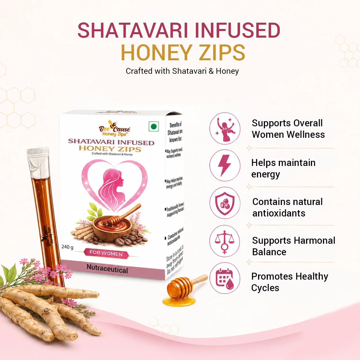 An infographic displaying the health benefits of Shatavari-infused honey straws, including overall women's wellness, energy maintenance, natural antioxidants, and healthy menstrual cycles.