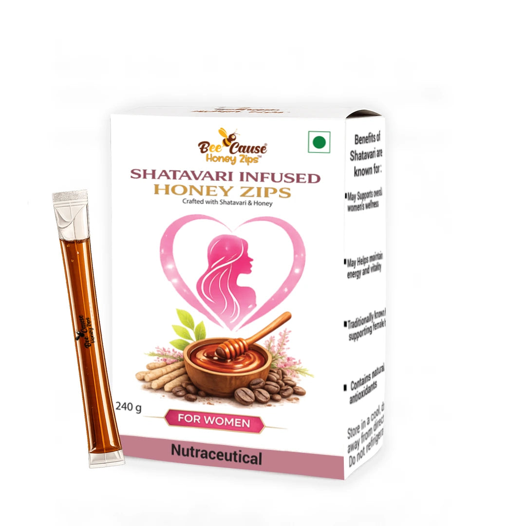 Product packaging of BeeCause Shatavari Infused Honey Zips for women, an Ayurvedic nutraceutical honey pack featuring a pink heart and coffee beans illustration.
