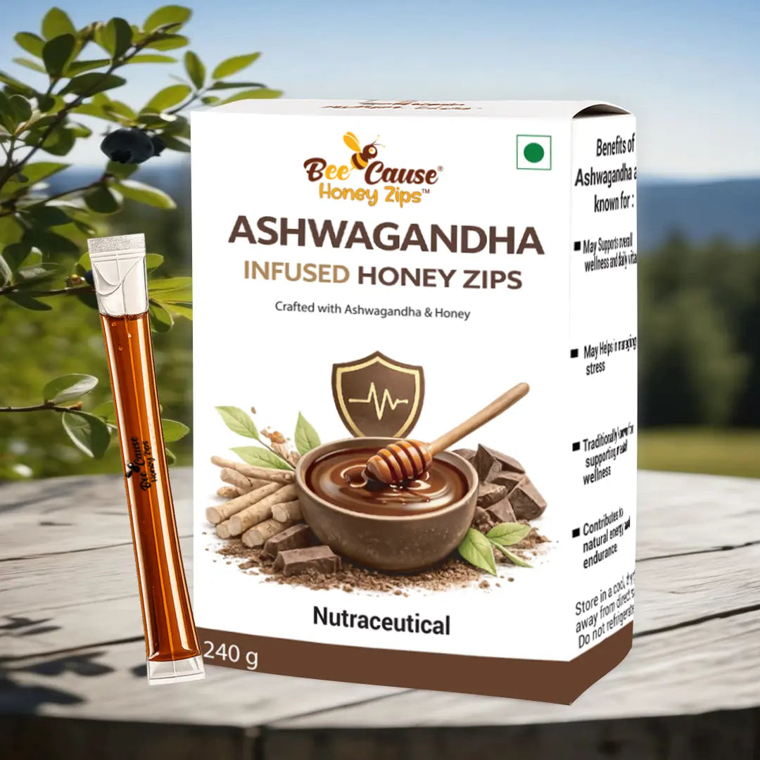 BeeCause Ashwagandha Infused Honey Zips pack shot with pure honey and Ashwagandha extract for daily wellness support
