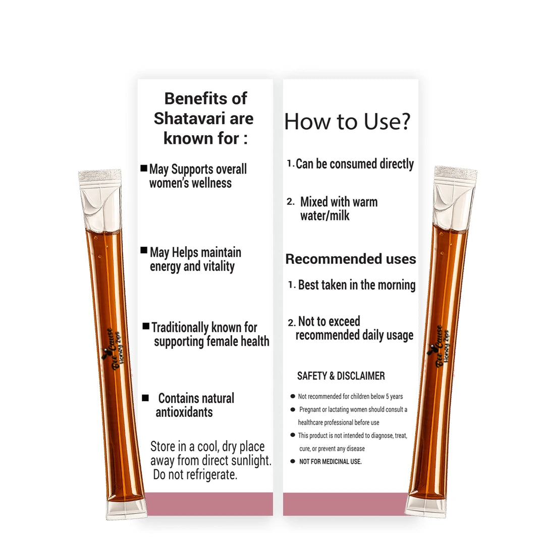 Side panel label of Shatavari honey sachet box detailing product benefits, directional use, daily dosage guidelines, and safety disclaimer instructions.