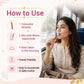 Step-by-step guide on how to use Shatavari honey straws showing consumption directly or mixed with warm water or milk, featuring a woman using the travel-friendly sachet in a train.
