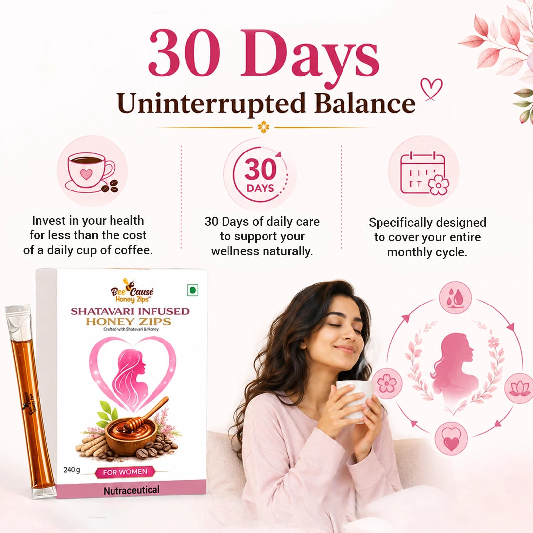 Promotional banner for a 30-day supply of BeeCause women wellness honey zips designed to cover the entire monthly cycle naturally for less than the cost of a daily cup of coffee.