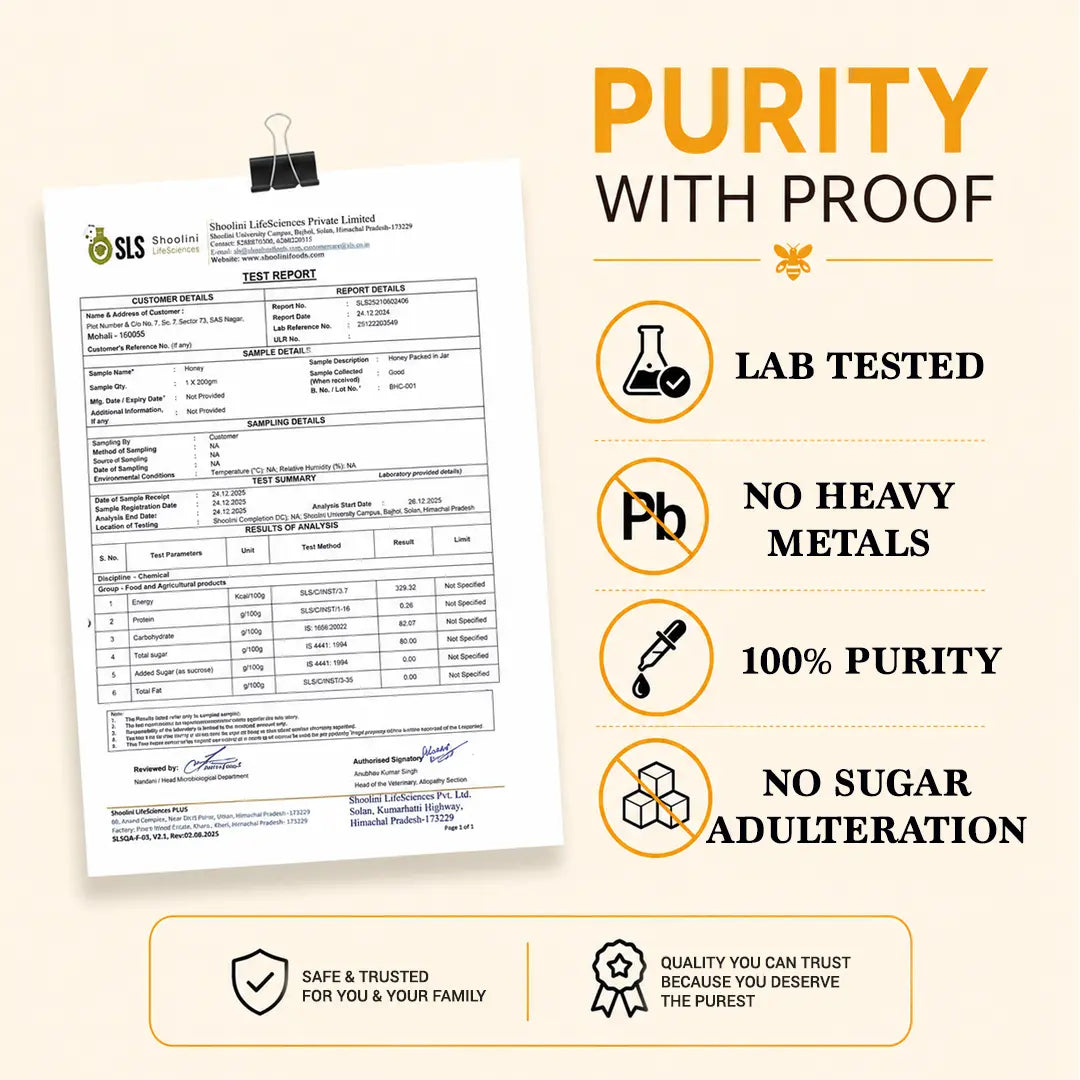 Lab test report with purity certification on a beige background