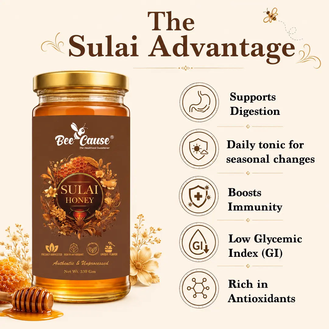 Jar of Sulai honey with benefits listed on a beige background